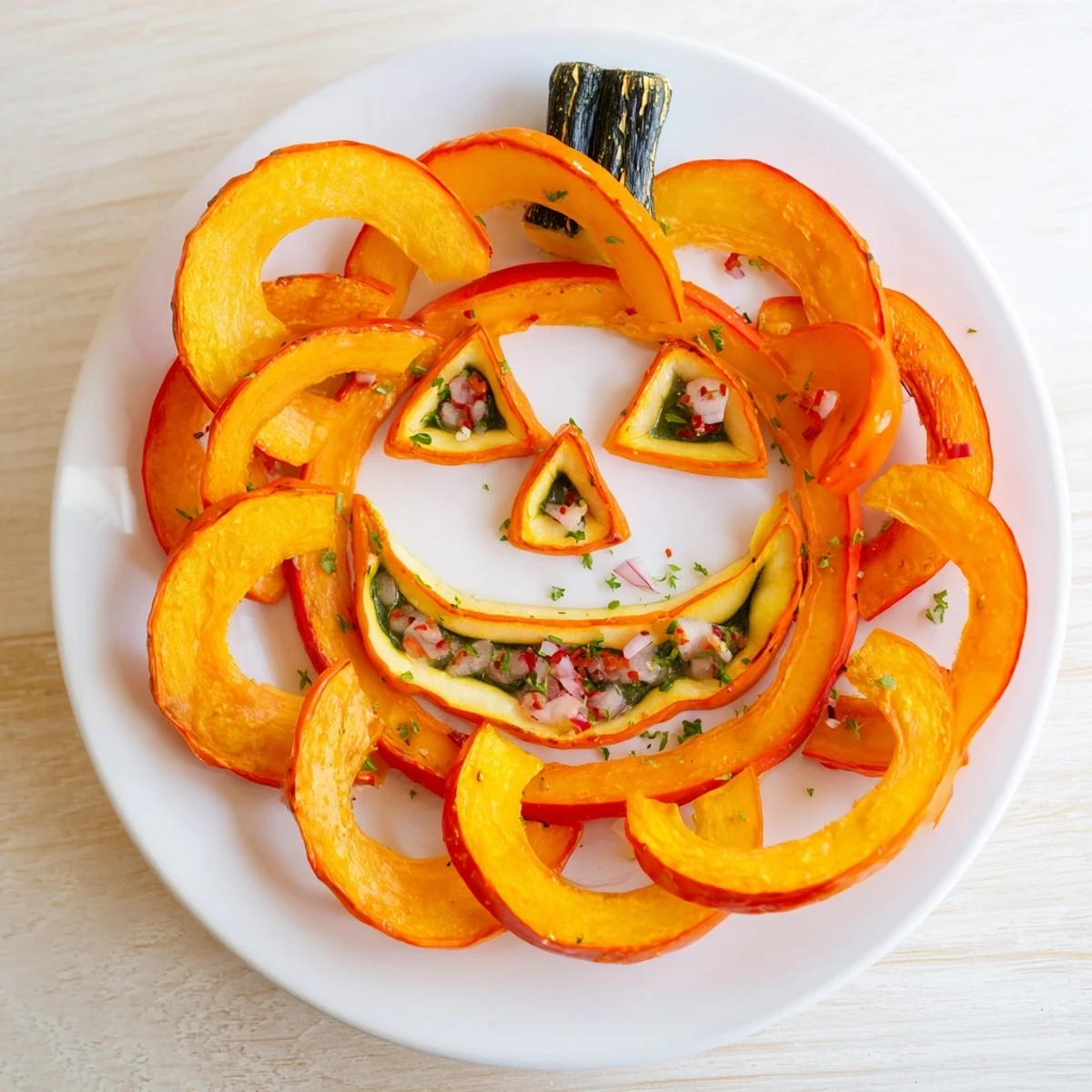 Delicious roasted Pumpkin Lantern Halloween Plate dish, featuring colorful bell peppers and tender pumpkin slices, ready to eat.