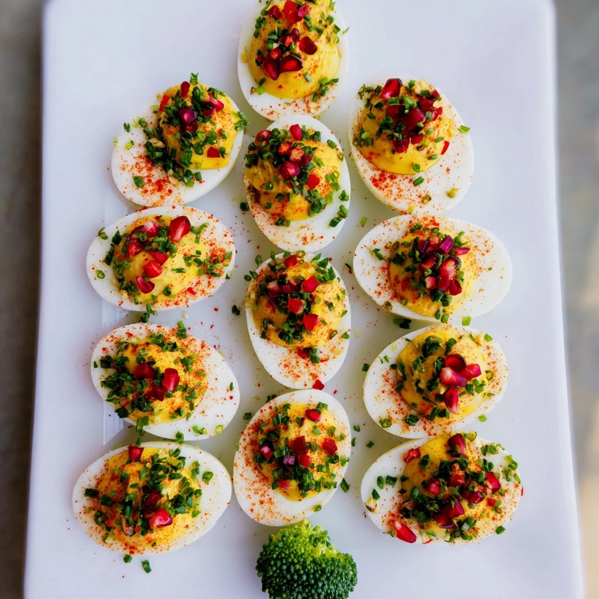 A platter showcases Christmas Tree Deviled Eggs, creamy filling topped with colorful bell peppers for ornaments.