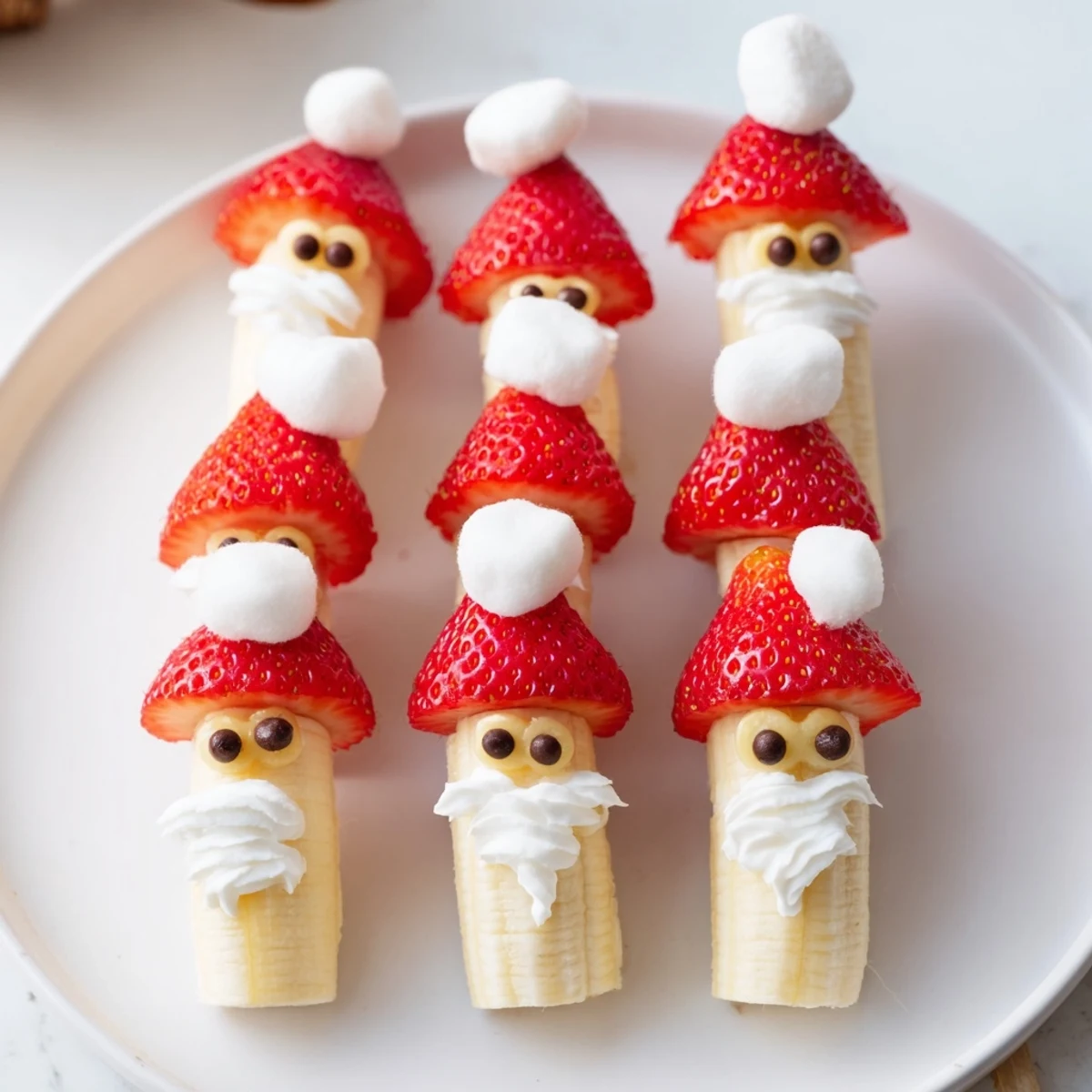 Cute Banana Strawberry Santa Skewers, a festive holiday treat with fresh fruit and frosting details.
