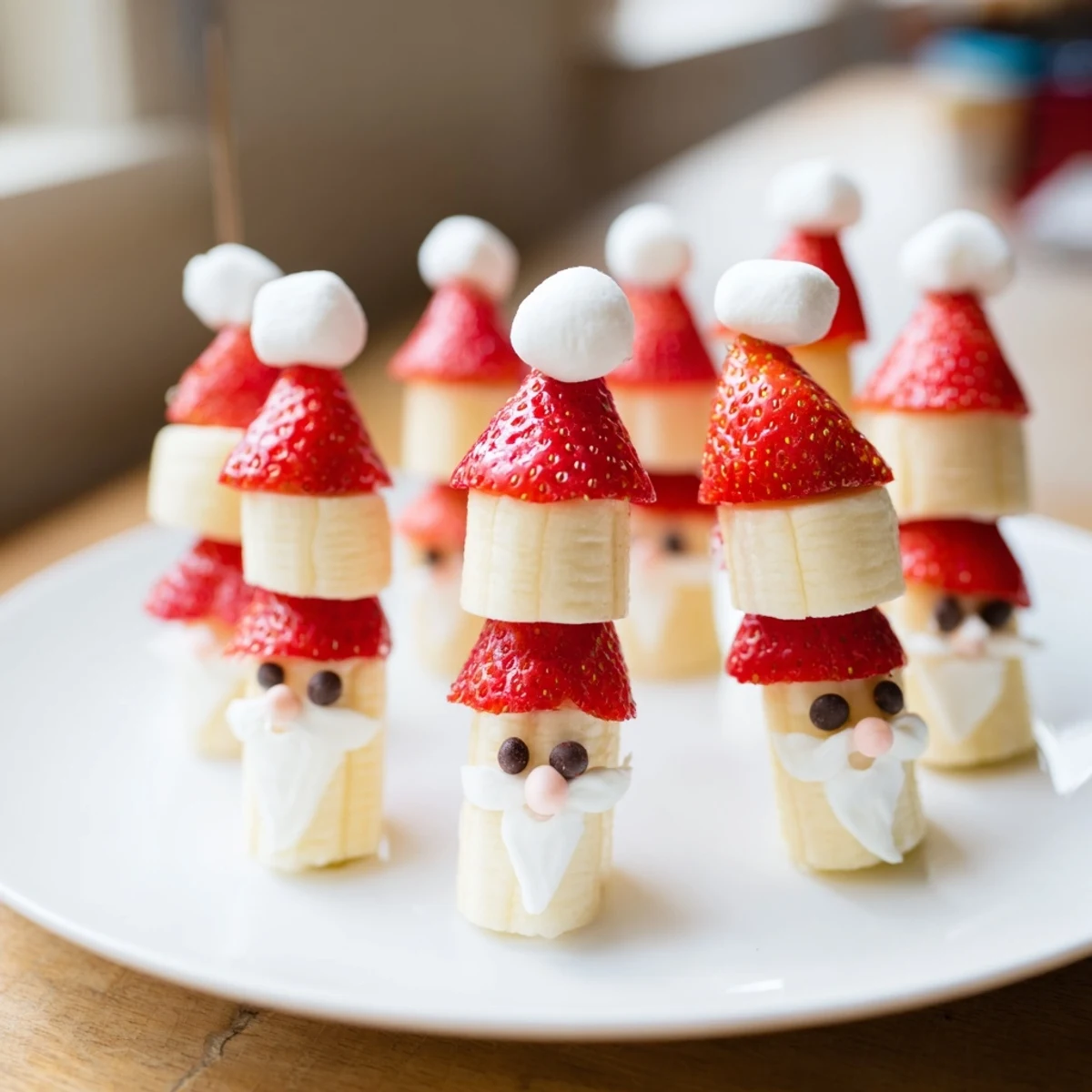 These healthy Banana Strawberry Santa Skewers sparkle with mini chocolate chip eyes and a sweet marshmallow hat.