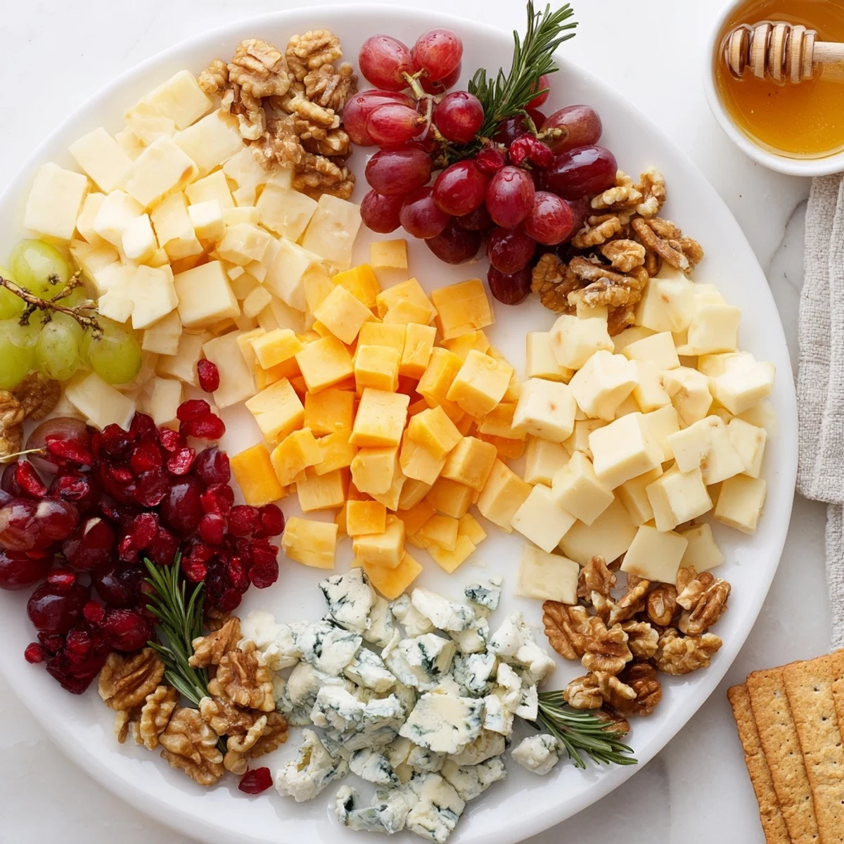 Visually appealing Cranberry Grape Man Cheese Board, perfect for sharing, with grapes and cheeses arranged artfully.