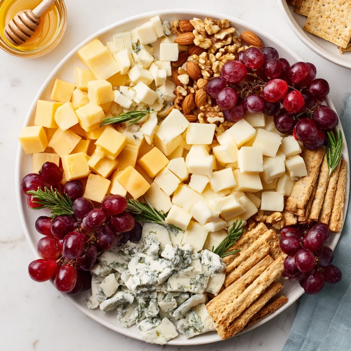 A beautiful Cranberry Grape Man Cheese Board, showcasing a delightful arrangement of tasty cheeses and fresh fruit.