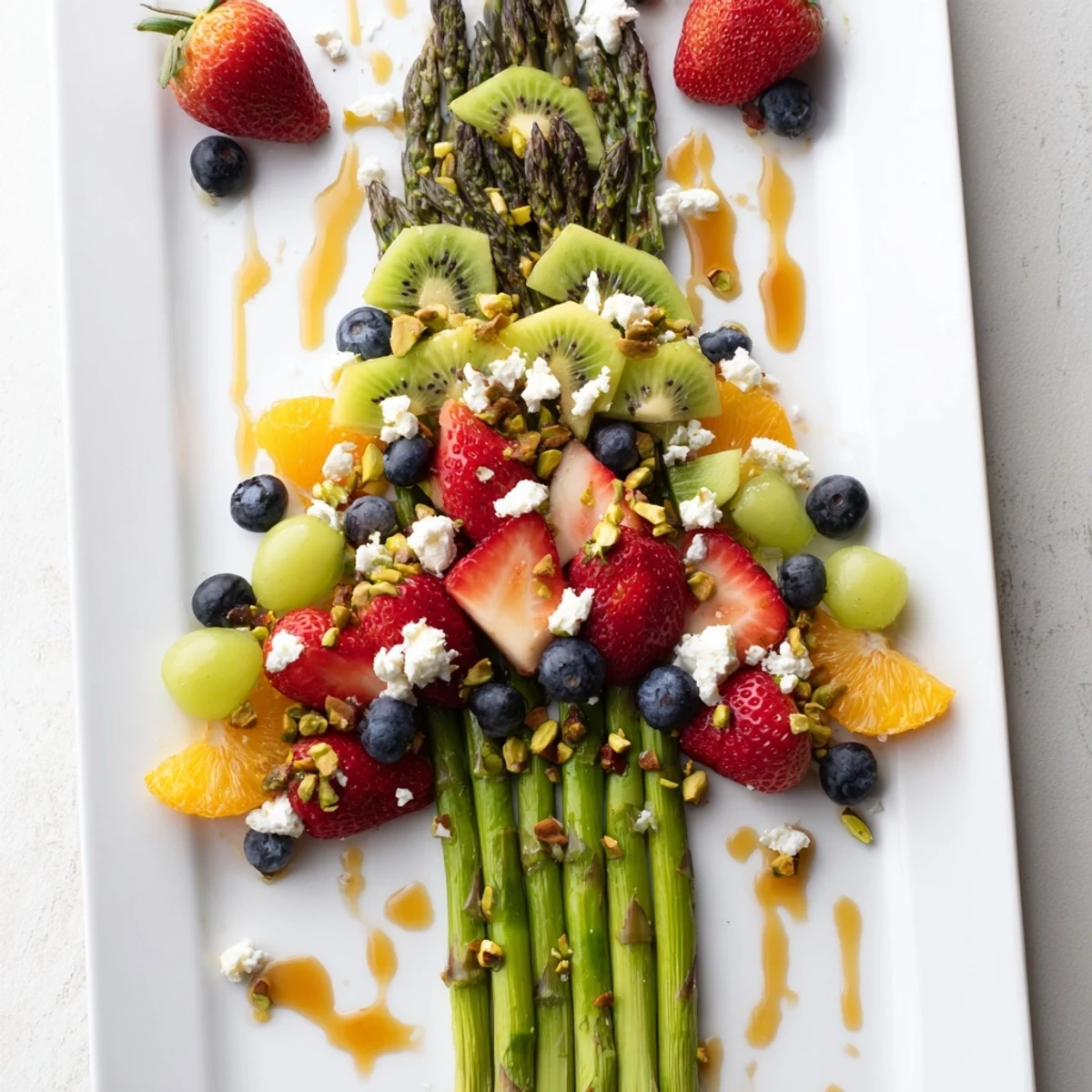 Beautiful Asparagus Stem Floral Fruit Board bursting with colorful fruits, a perfect spring appetizer.