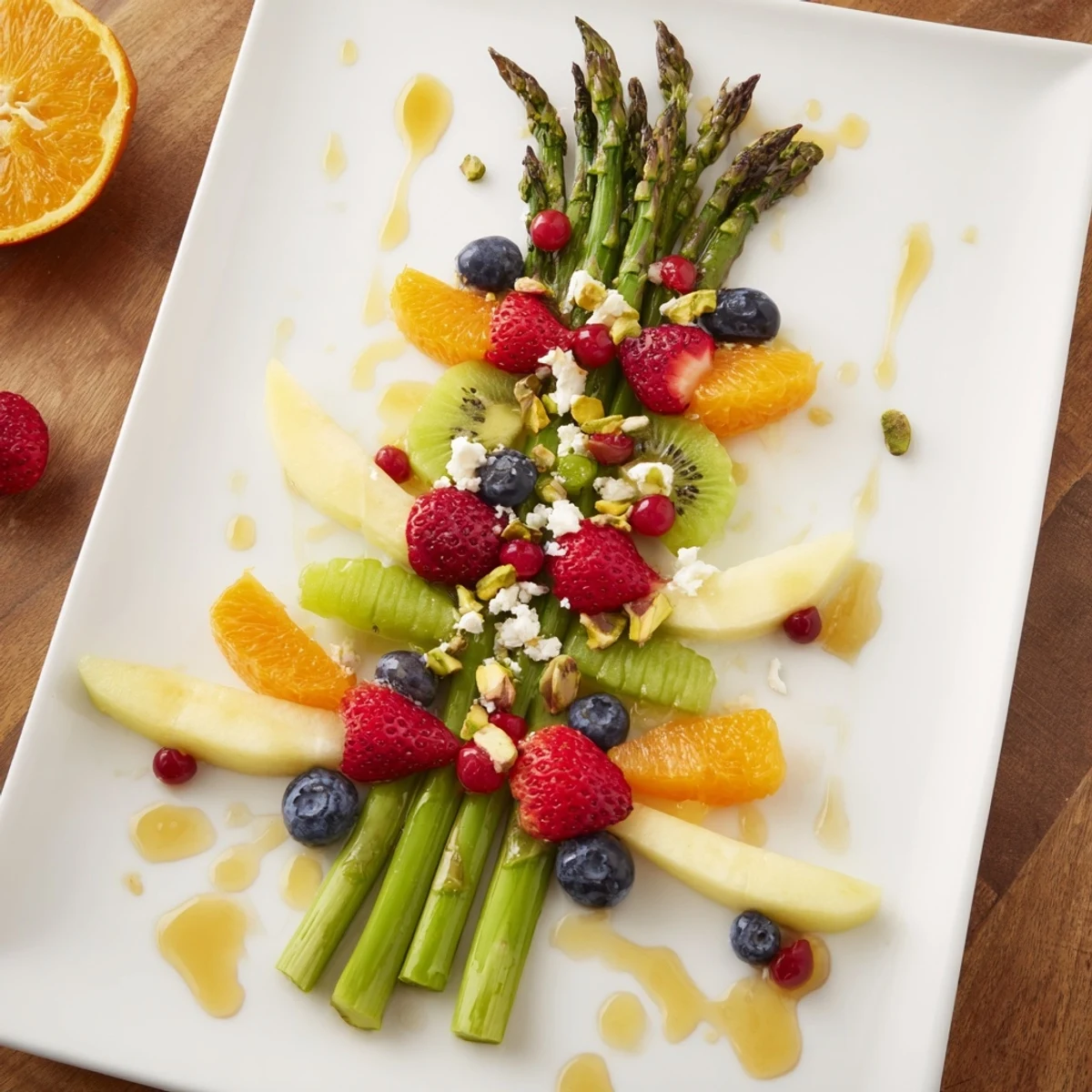Fresh asparagus stems arranged in a floral pattern surrounding vibrant fruits, a lovely Asparagus Stem Floral Fruit Board.