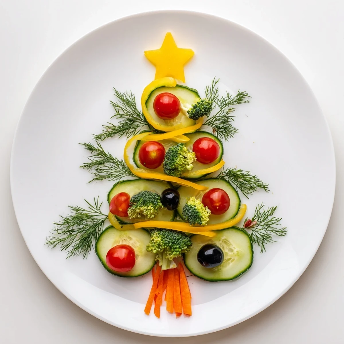 Festive Tree Cucumber Tomato Platter with vibrant tomatoes and cucumbers, ready to be enjoyed as a refreshing appetizer.