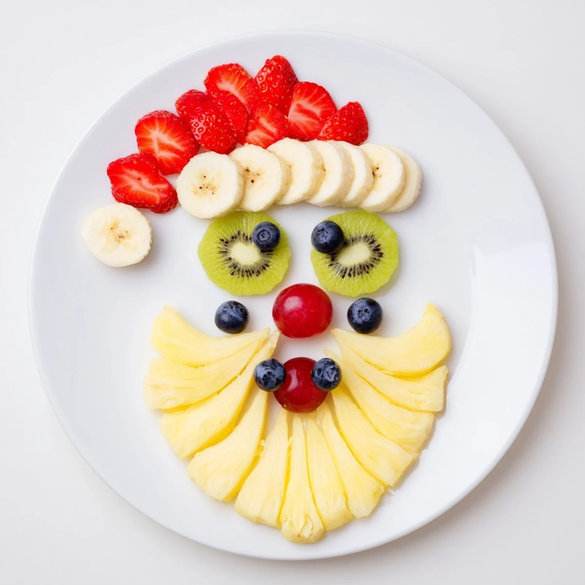 Delicious Santa Fruit Platter, perfect for a party, with a vibrant pineapple beard and strawberry nose.