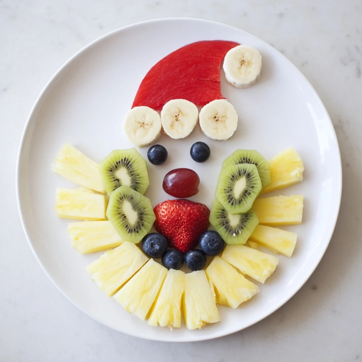 Festive Santa Fruit Platter showcasing a colorful array of fresh fruits; a healthy appetizer for the holidays.