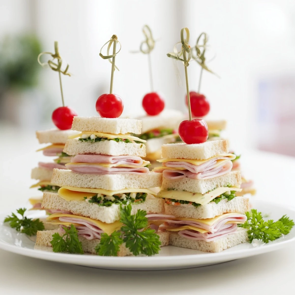 Festive Ham and Cheese Christmas Tree Towers, layered mini sandwiches cut into holiday shapes, ready to enjoy.