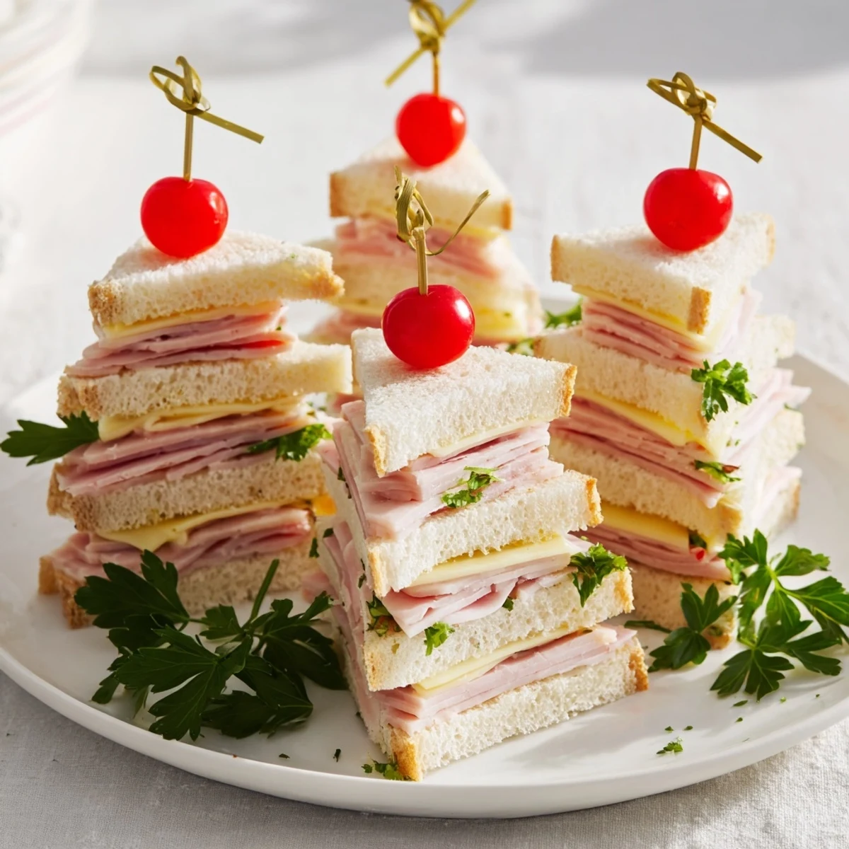 Stacked Ham and Cheese Christmas Tree Towers, topped with a cherry tomato, ideal holiday appetizers and easy to make.