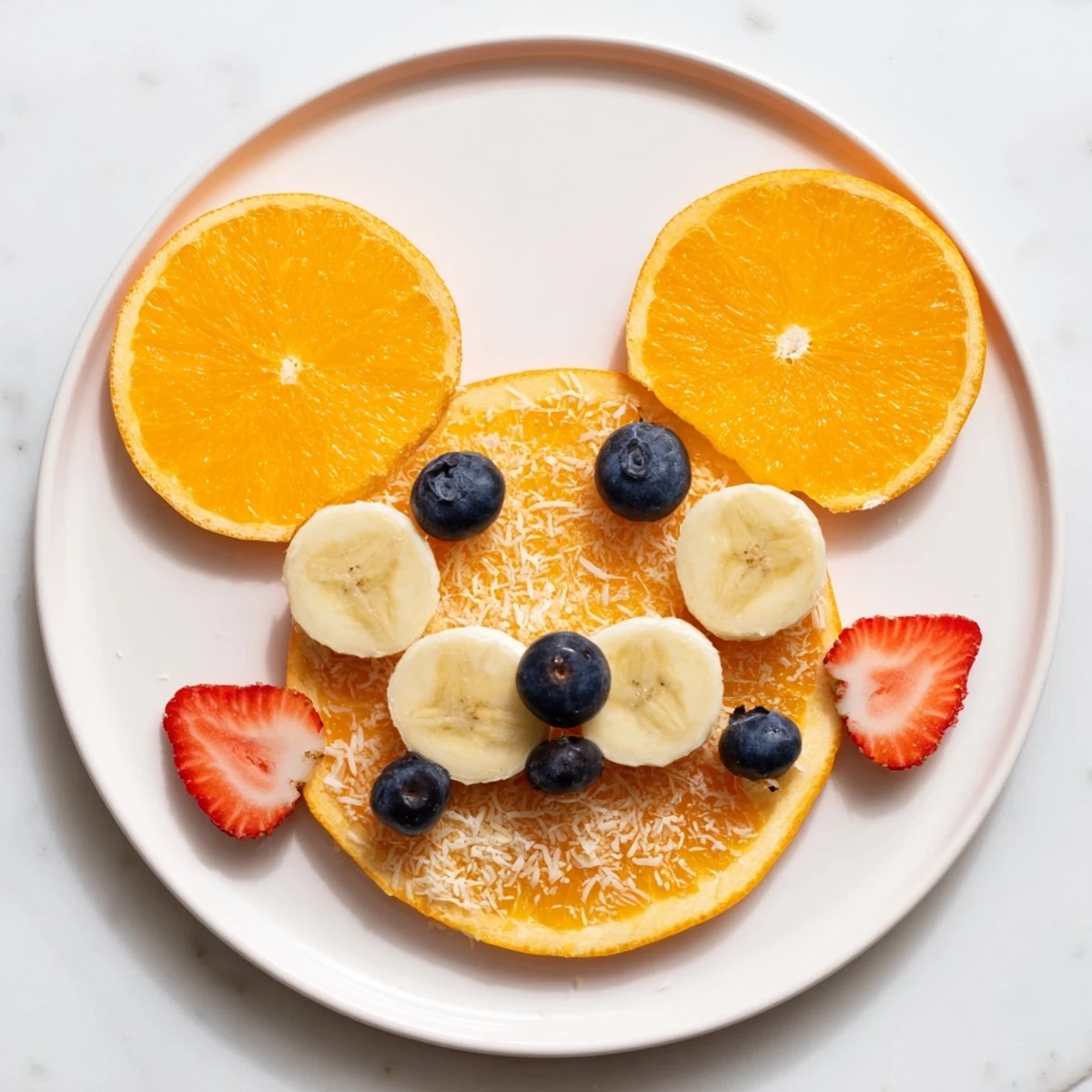 Fresh orange slices and berries create a delightful Orange Slice Bear Face Fruit Board, a healthy snack for kids.
