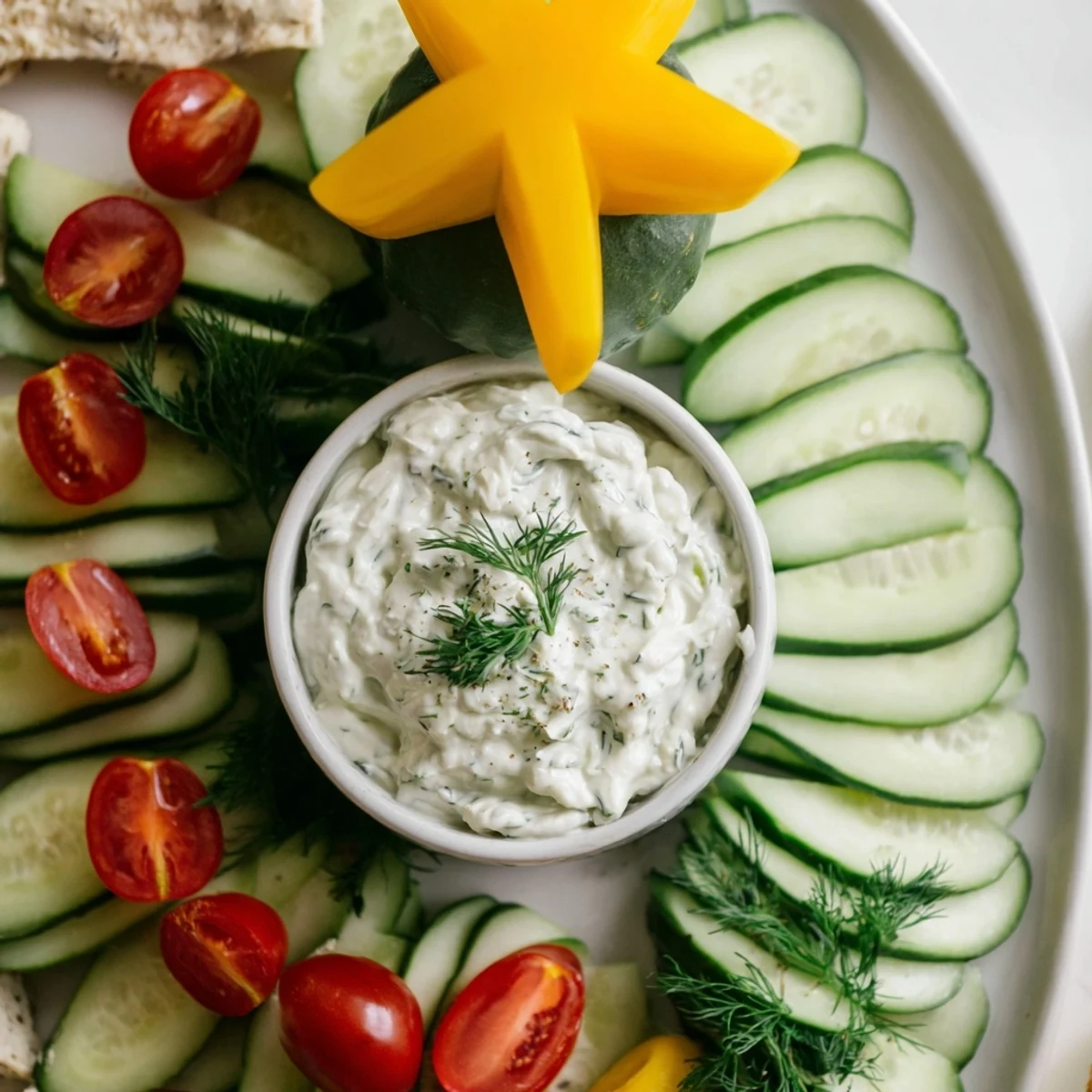 Fresh cucumber and tomato tree dip, a beautiful appetizer perfect for holiday parties.