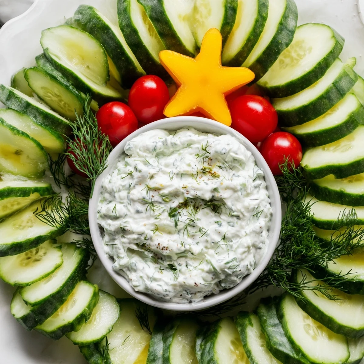 Cool cucumber and tomato tree dip arranged like a Christmas tree, ready to be enjoyed.