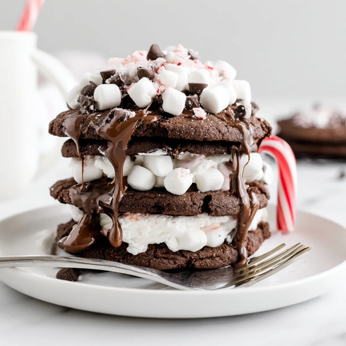 Hot Cocoa Mug Cookie Stack: a delightful dessert with fluffy marshmallow frosting and chocolate cookie layers.