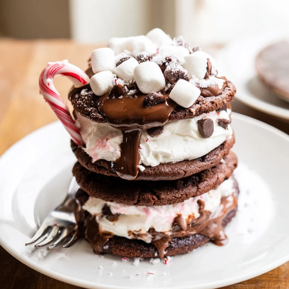 Imagine a festive, towering Hot Cocoa Mug Cookie Stack: chocolatey cookies layered high with soft frosting.