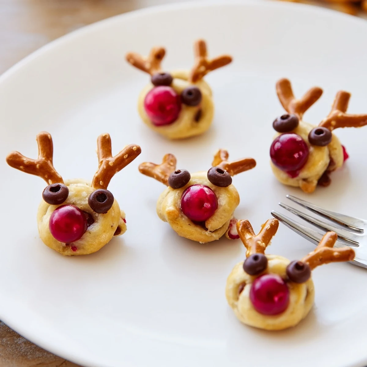 Rudolf's Red Nose Pretzel Bites with cheese and a vibrant red cherry nose are a festive appetizer.