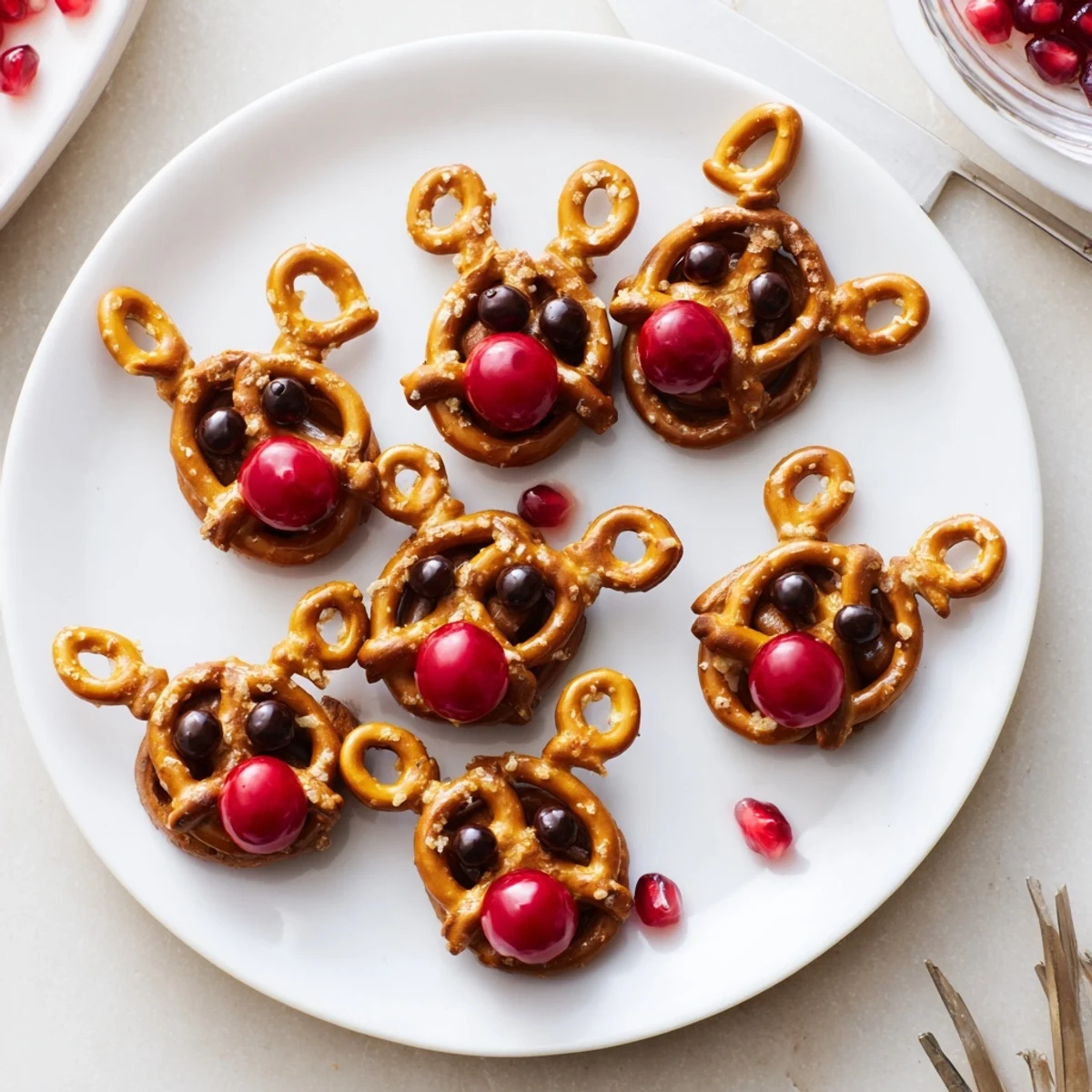 Delicious and fun Rudolf's Red Nose Pretzel Bites, a holiday snack with pretzel antlers and a sweet red nose.