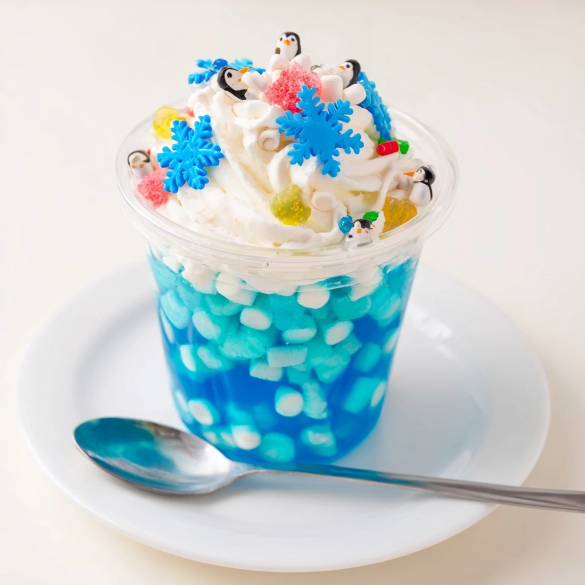 Vibrant blue Snow Globe Jello Cups, a fun dessert loaded with marshmallows and sprinkles ready to enjoy.