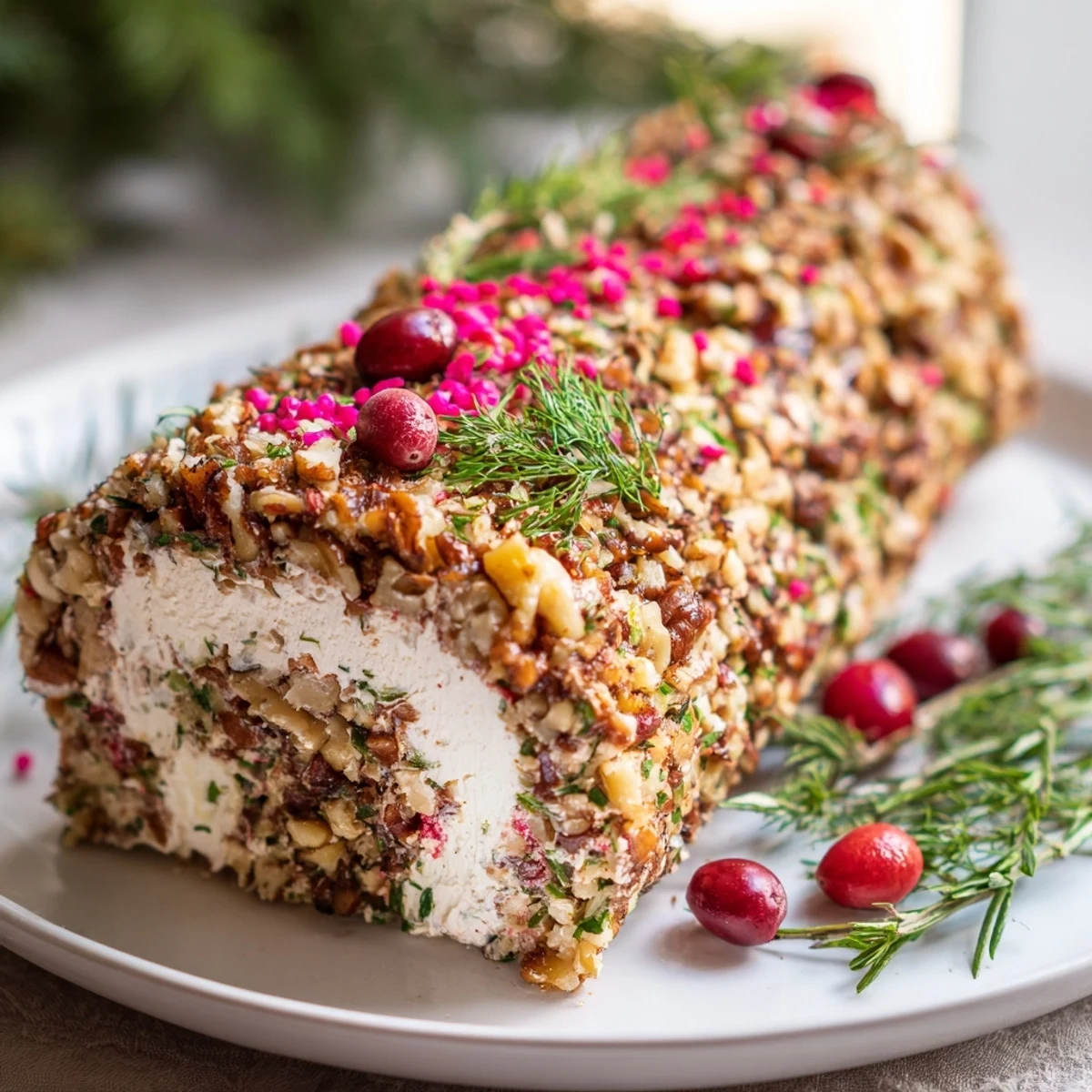 Festive Yuletide Log Cheese Centerpiece, a creamy, herb-speckled log ready for holiday snacking.