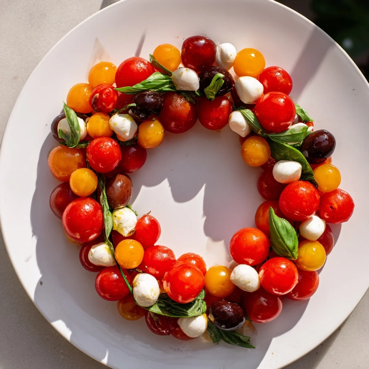 Appetizer Wreath: A vibrant, Mediterranean Olive and Cherry Tomato Wreath ring, ready for any holiday gathering.