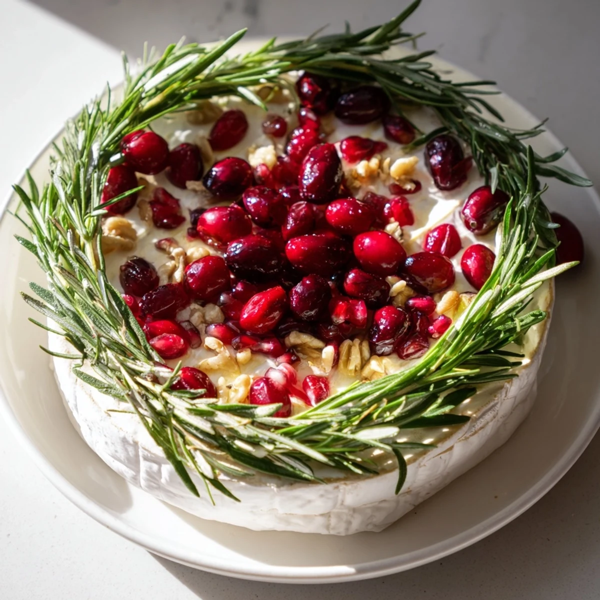 Creamy Brie cheese wheel with rosemary wreath, inviting appetizer ready for dipping crackers.