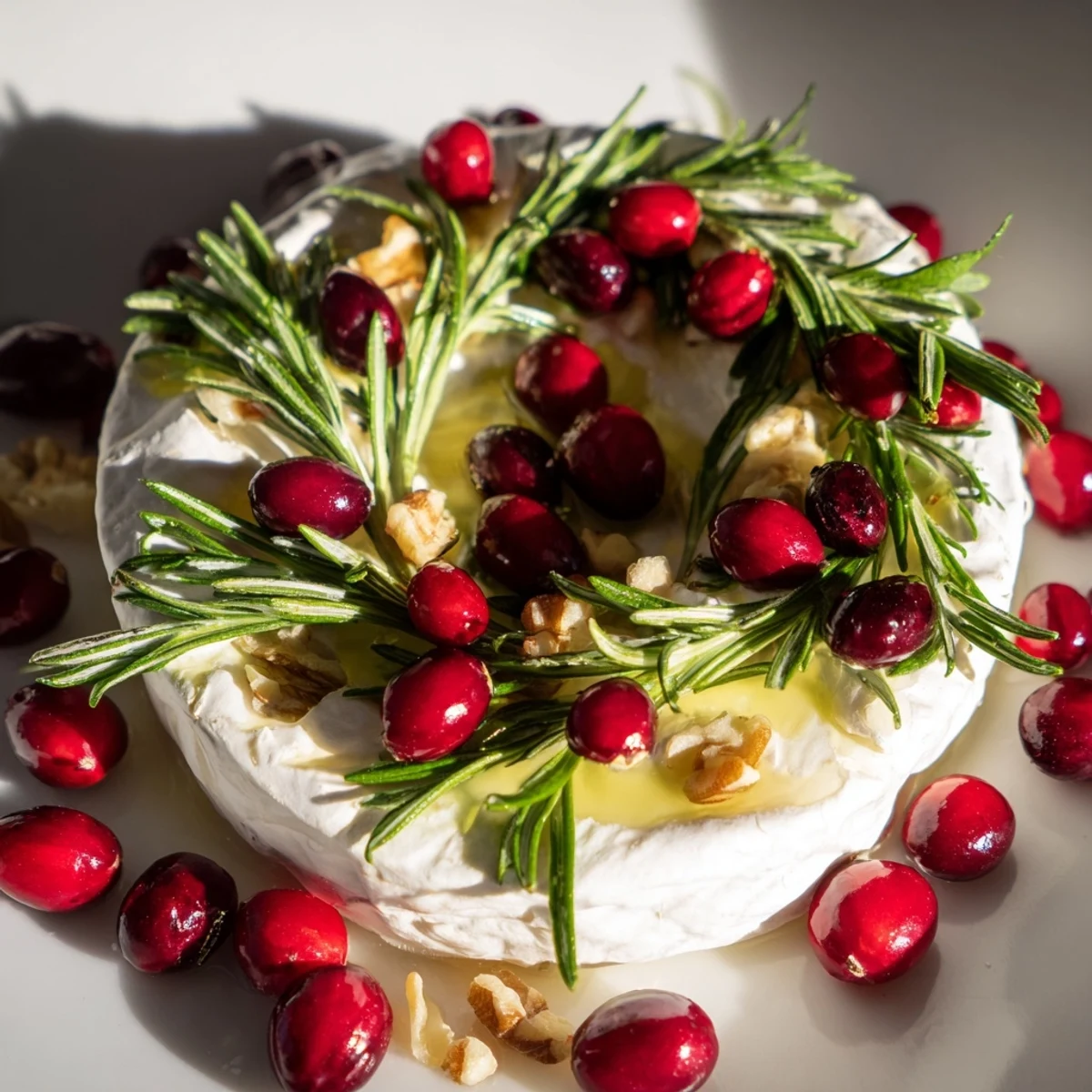 A gorgeous Brie cheese wheel, beautifully decorated with a fragrant rosemary wreath, ready to serve.