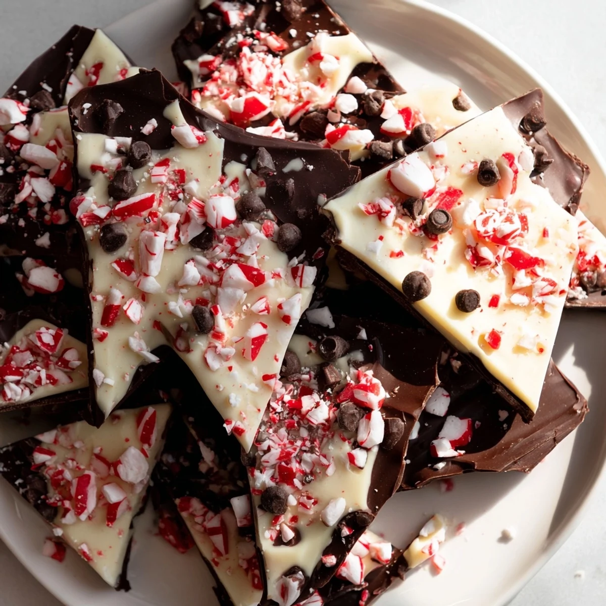 Close-up of colorful Peppermint Bark Shards sprinkled with candy, perfect for sharing and gifting.