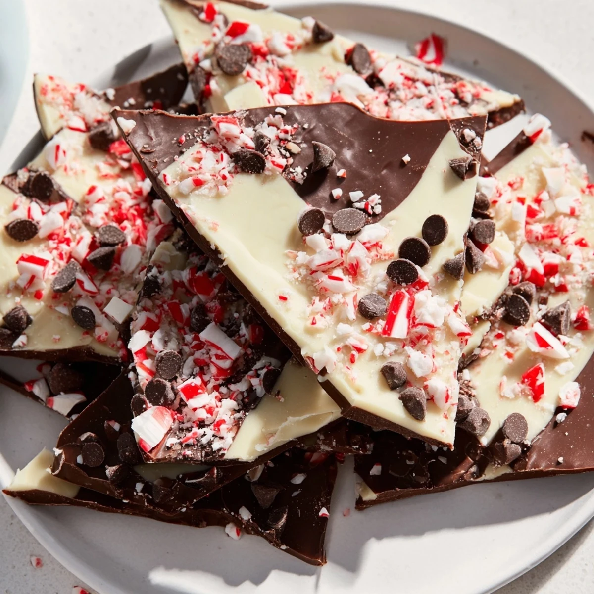Dark chocolate base supports the white chocolate and peppermint bark shards on a wooden serving board.