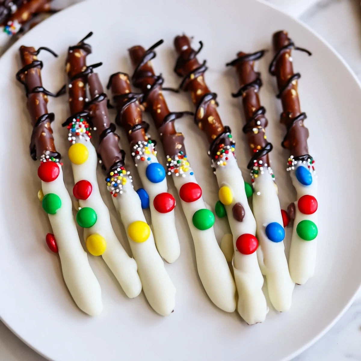 Festive and colorful pretzel sticks and dip Christmas lights: a delicious no-bake holiday snack.