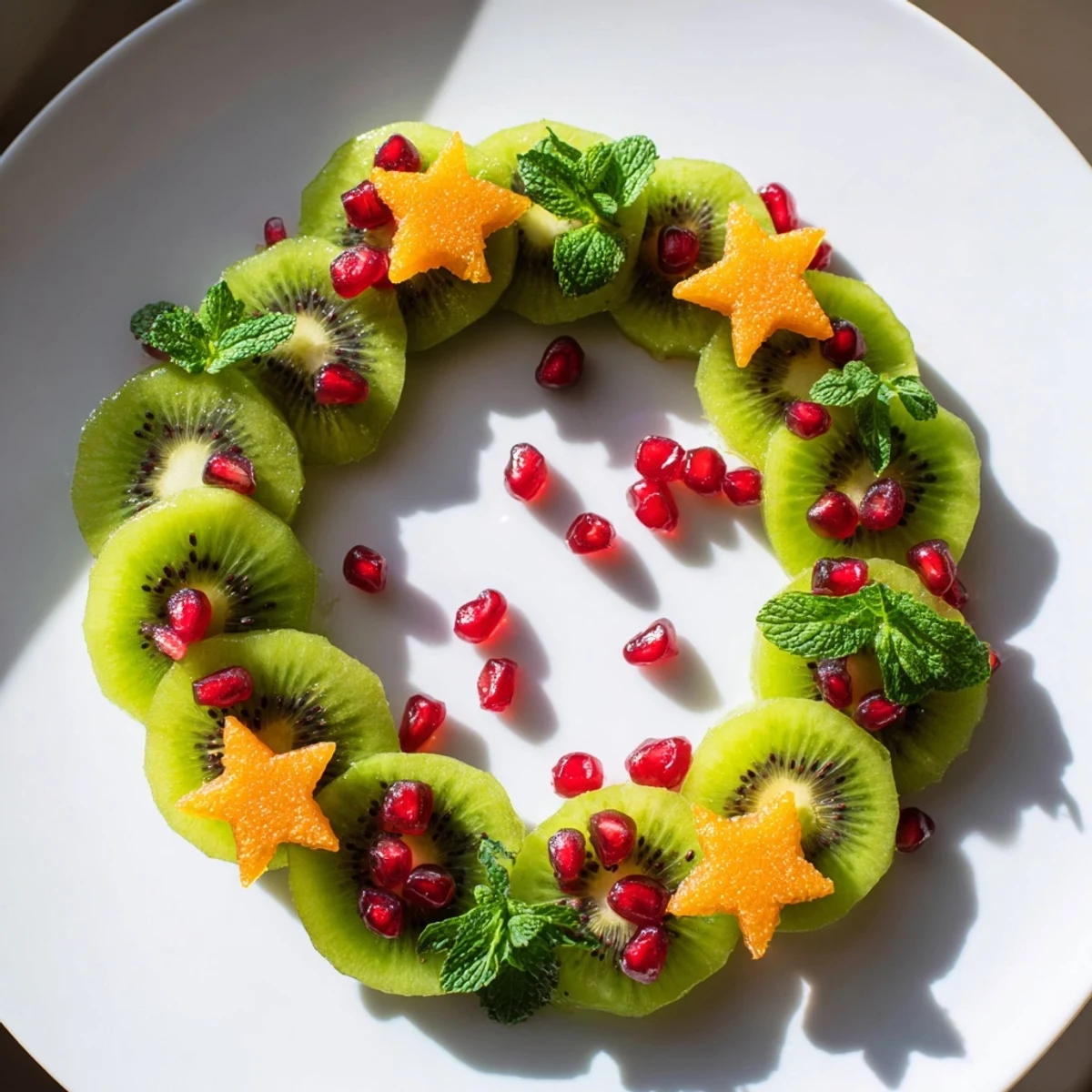 Vibrant Kiwi and Pomegranate Christmas Wreath showcases ripe kiwi and ruby pomegranate seeds ready to enjoy.