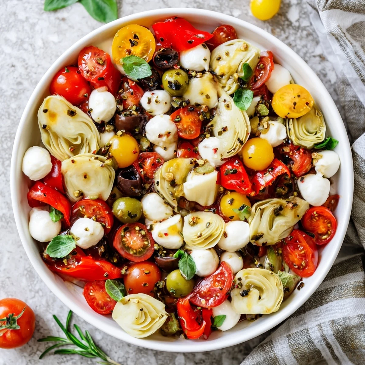 Vibrant Olive and Cherry Tomato Garland Board, bursting with fresh Mediterranean flavors, ready to eat.
