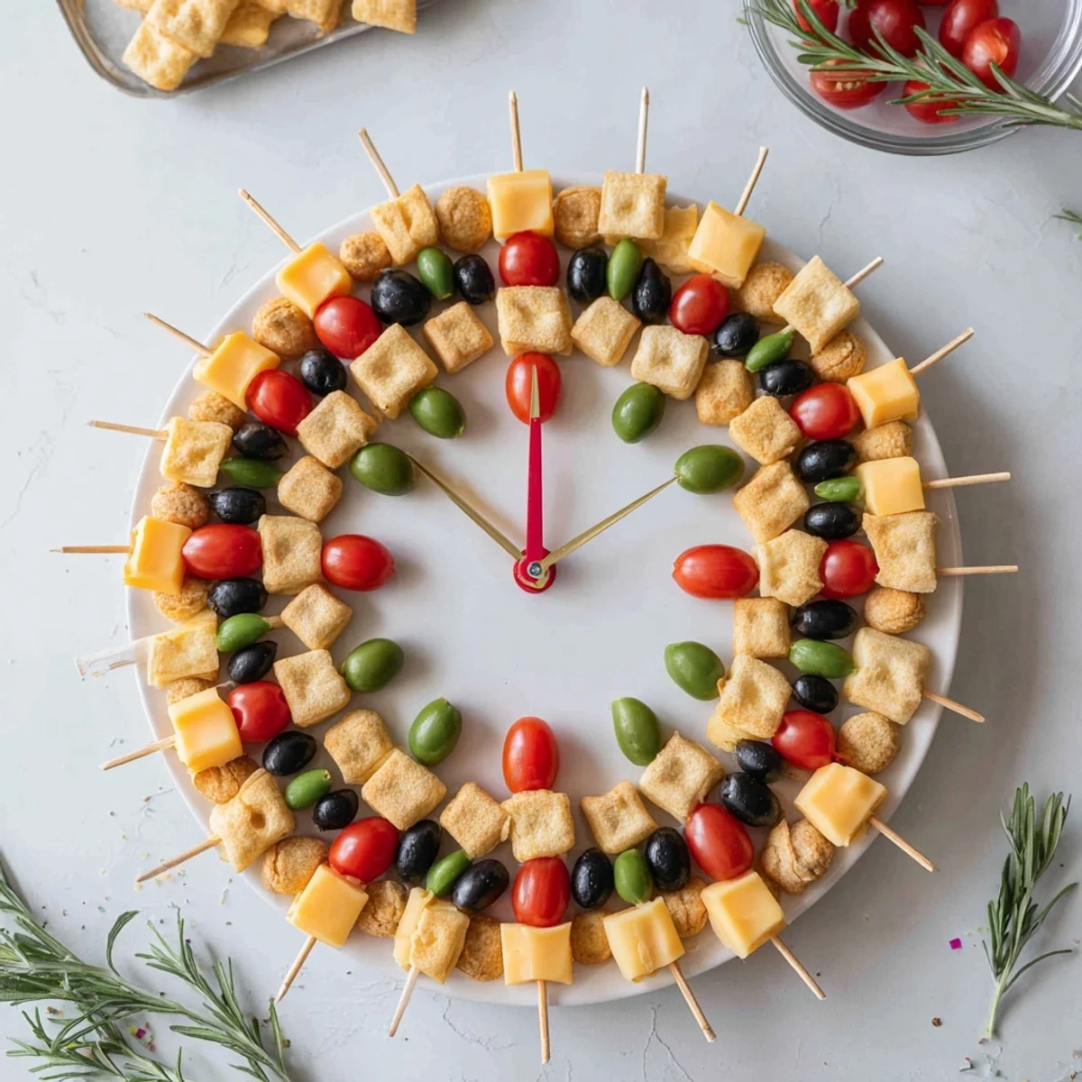New Years Clock Countdown appetizer with cheddar and Swiss cheese cubes ready to enjoy at midnight.