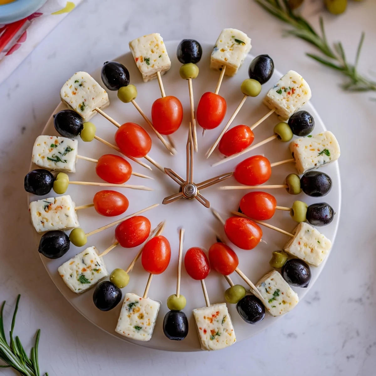 A visually appealing New Years Clock Countdown displaying cheeses and olives, made for celebrating the new year.
