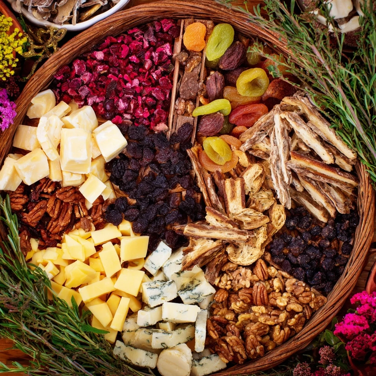 Autumn Harvest Horn of Plenty overflowing with colorful dried fruits, nuts, and cheeses, ready to serve.