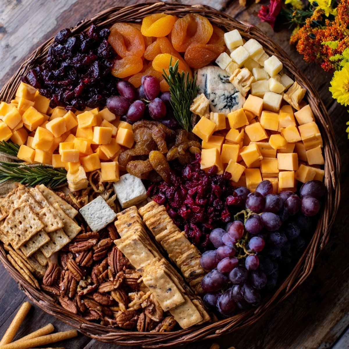 A gorgeous Autumn Harvest Horn of Plenty, ideal for sharing, displays assorted cheeses, crackers, and dried delights.