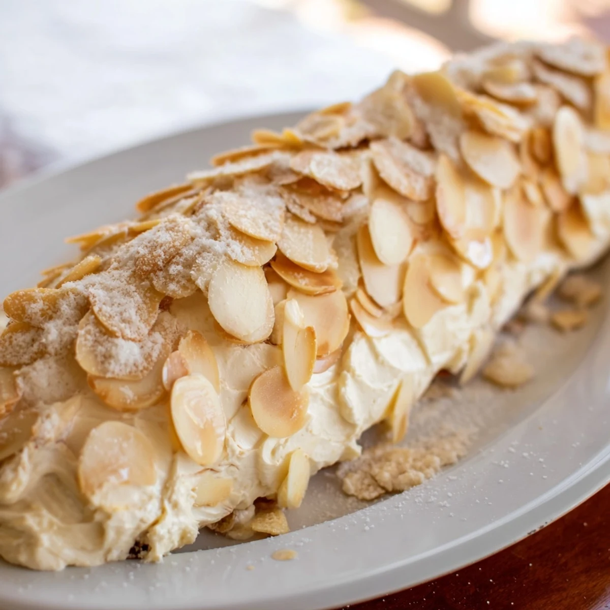 A festive snowy pinecone centerpiece, creamy cheese base covered in almond scales, dusted with sugar.