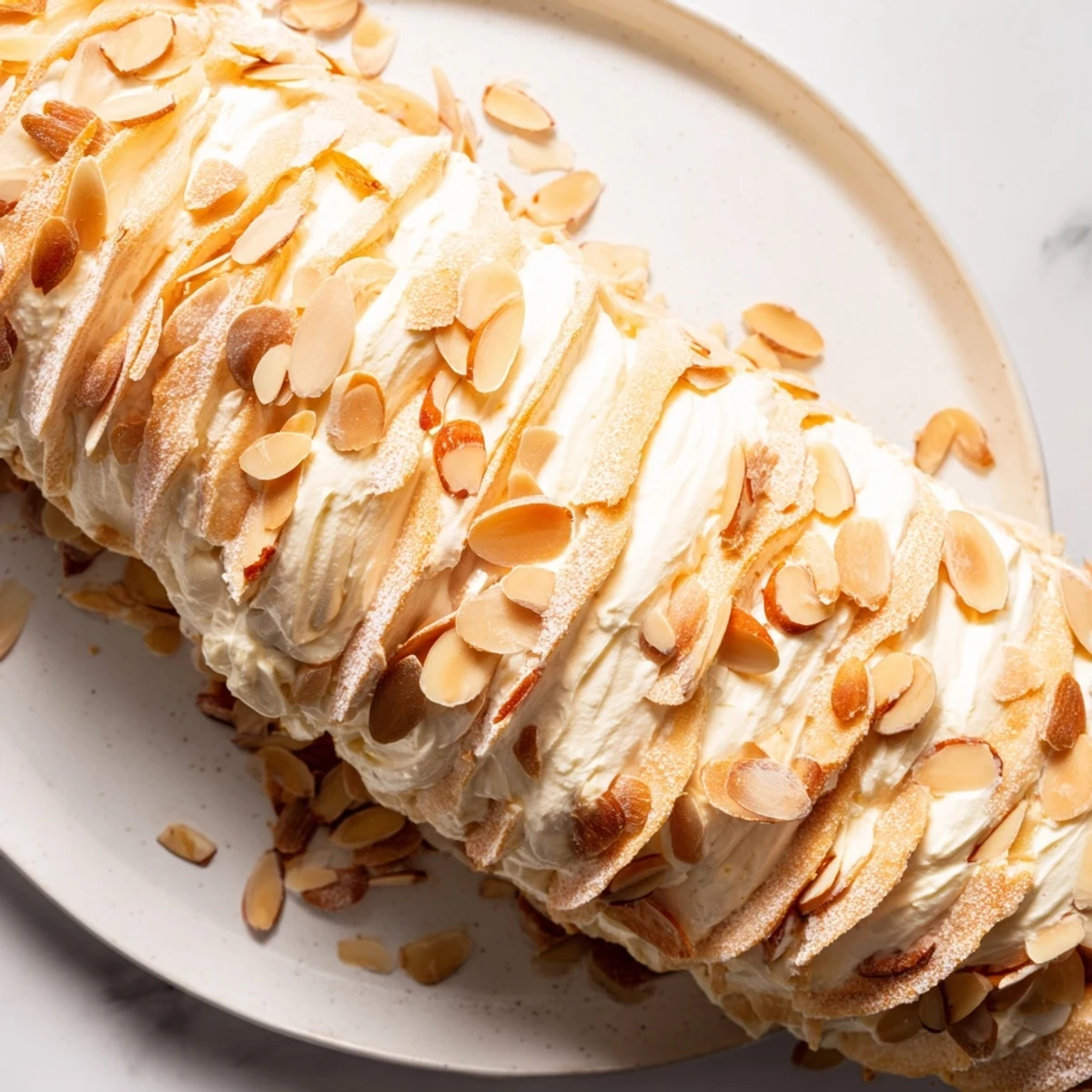 Elegant close-up of a snowy pinecone centerpiece: almonds mimic scales on cheese, grapes accent it.