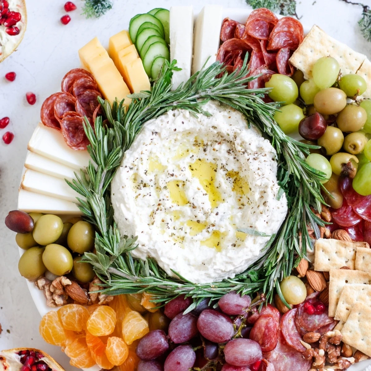Vibrant and colorful Evergreen Wreath Board appetizer is ready for holiday gatherings with fresh rosemary.