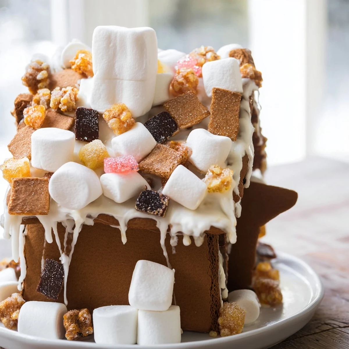 A detailed close-up of a gingerbread house frame, showcasing iced edges and colorful candy details.