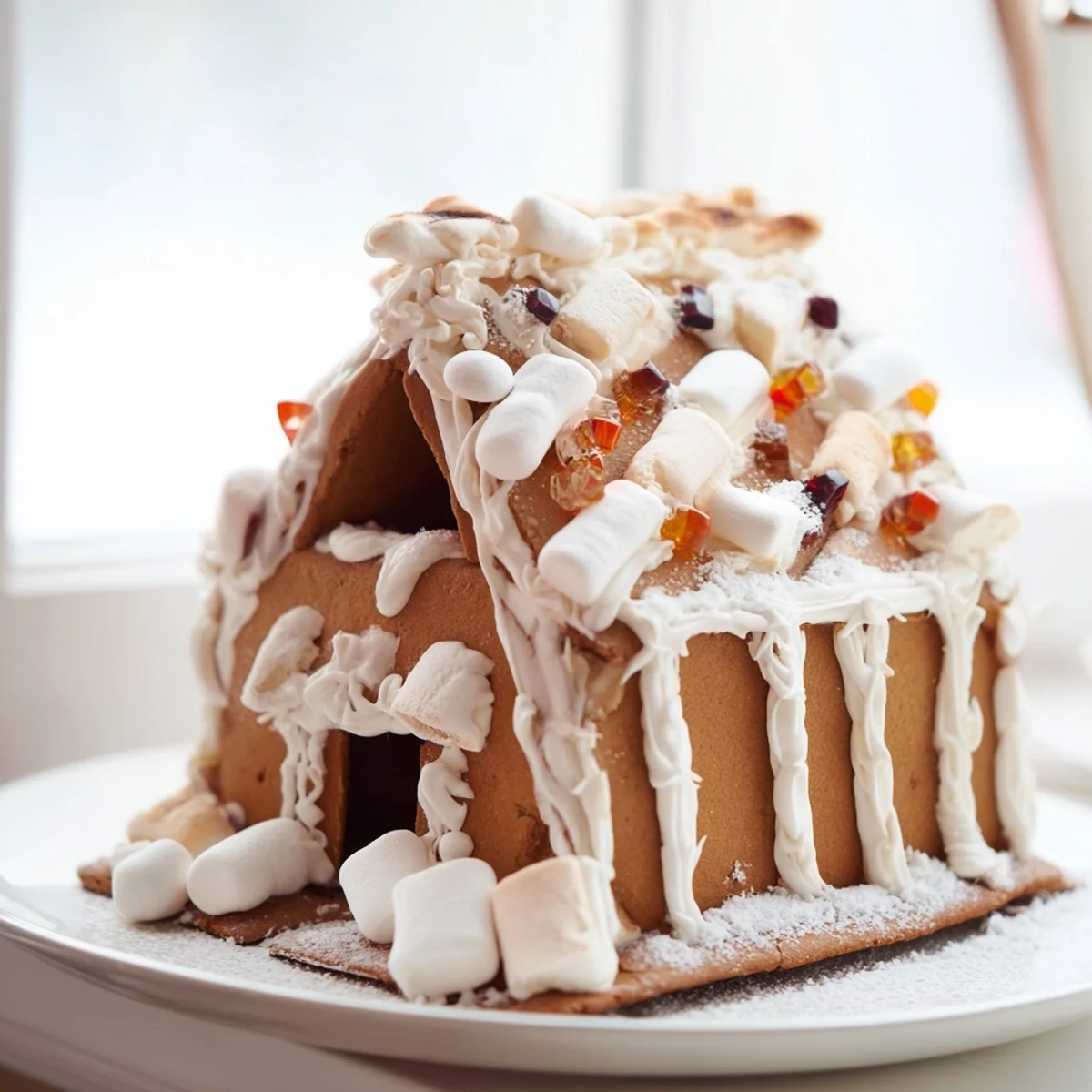 The brown gingerbread house frame sits ready for edible decorations during an enjoyable holiday season.