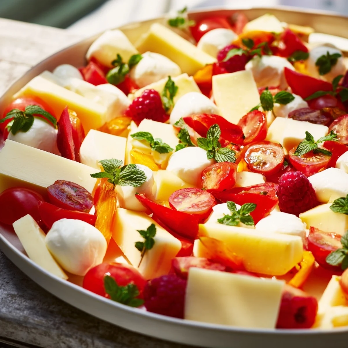 Festive Peppermint Stripe Celebration platter with vibrant red berries and creamy white cheeses.