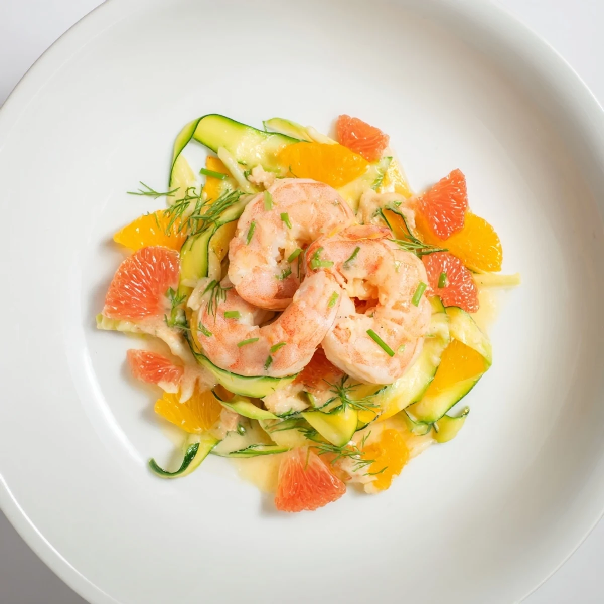Vibrant The Coral Reef, featuring perfectly cooked shrimp and bright citrus artfully presented.
