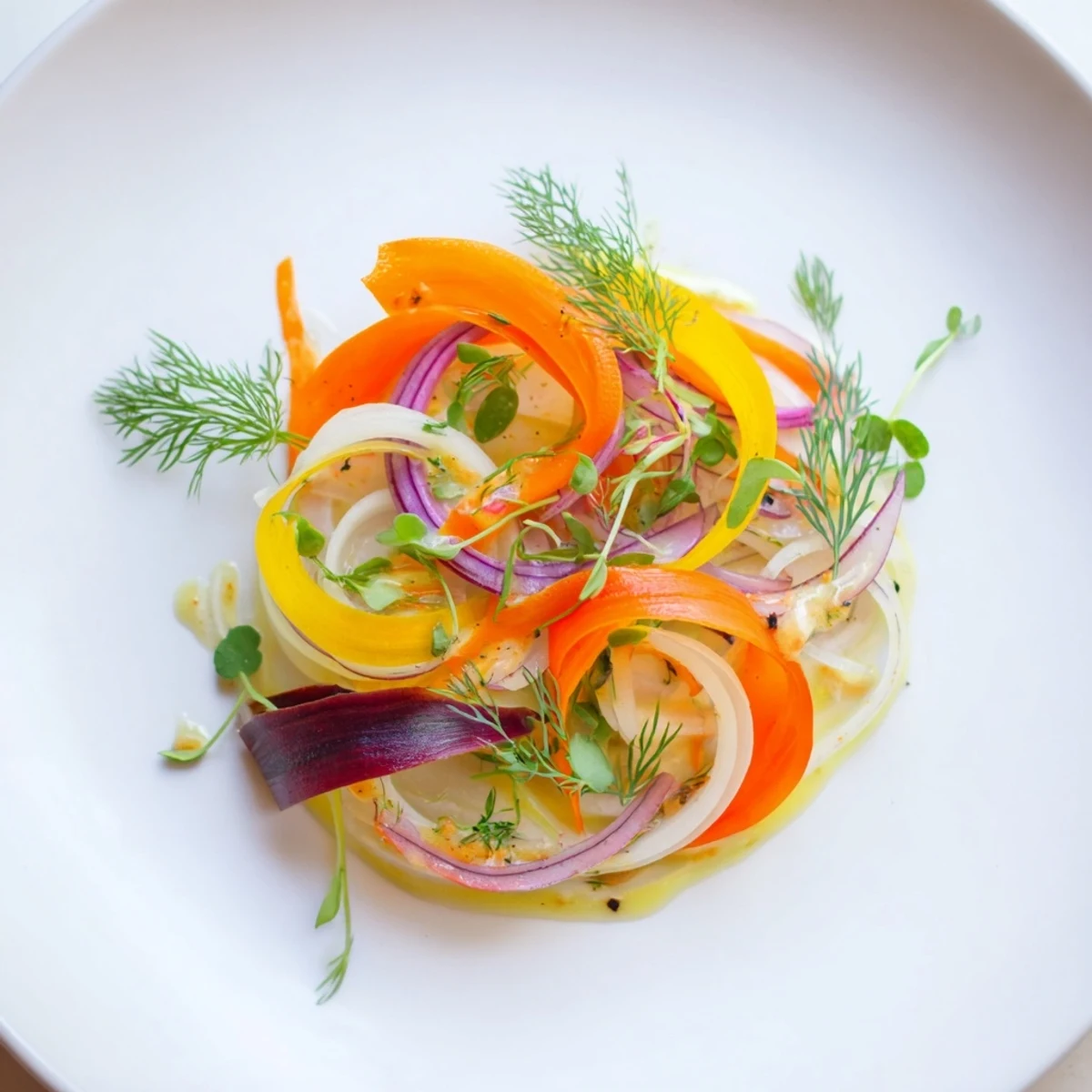 The Spinning Top salad, a vibrant spiral of colorful, thinly shaved vegetables and herbs.