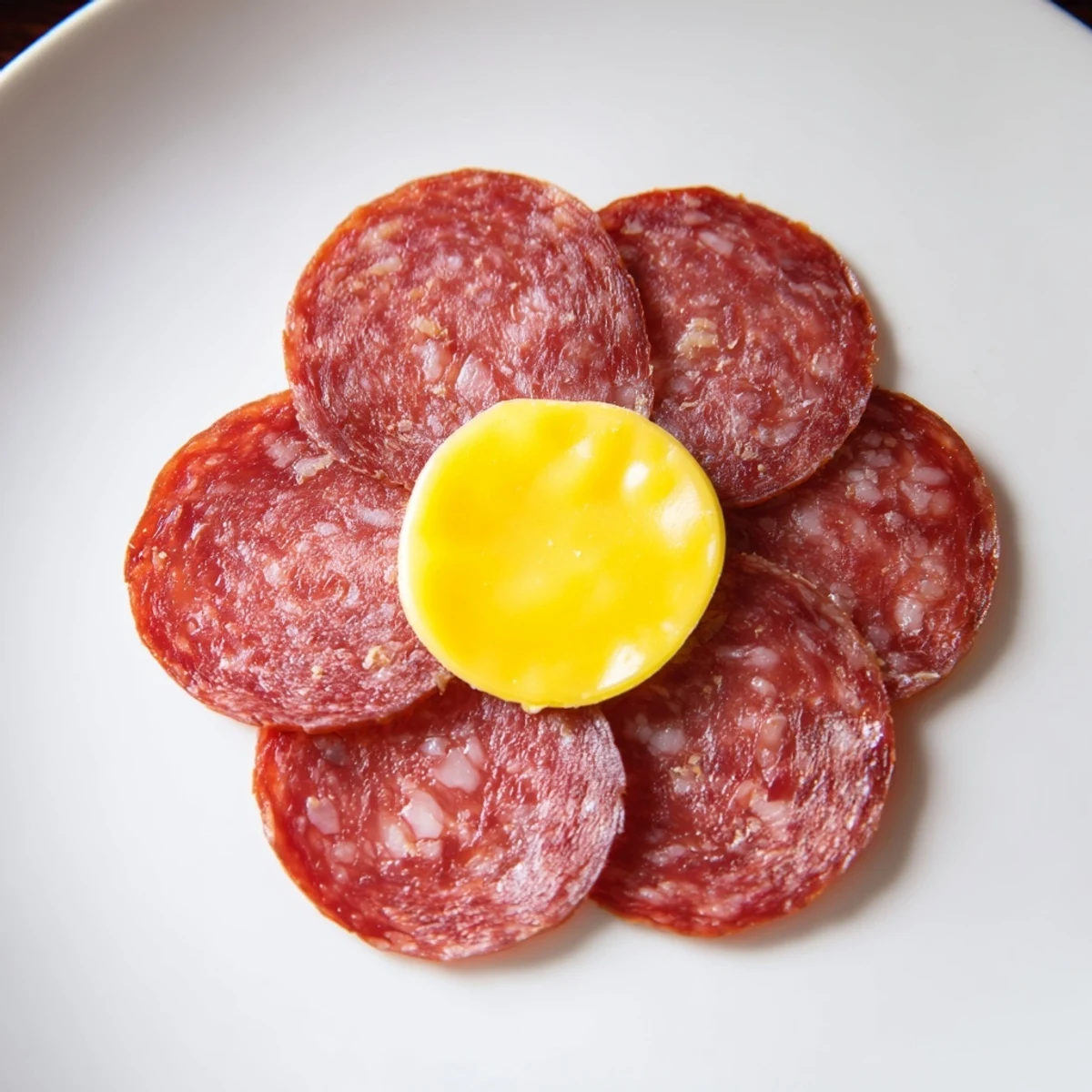 Elegant Tudor Rose appetizer: five salami petals beautifully arranged around a yellow cheese centerpiece.