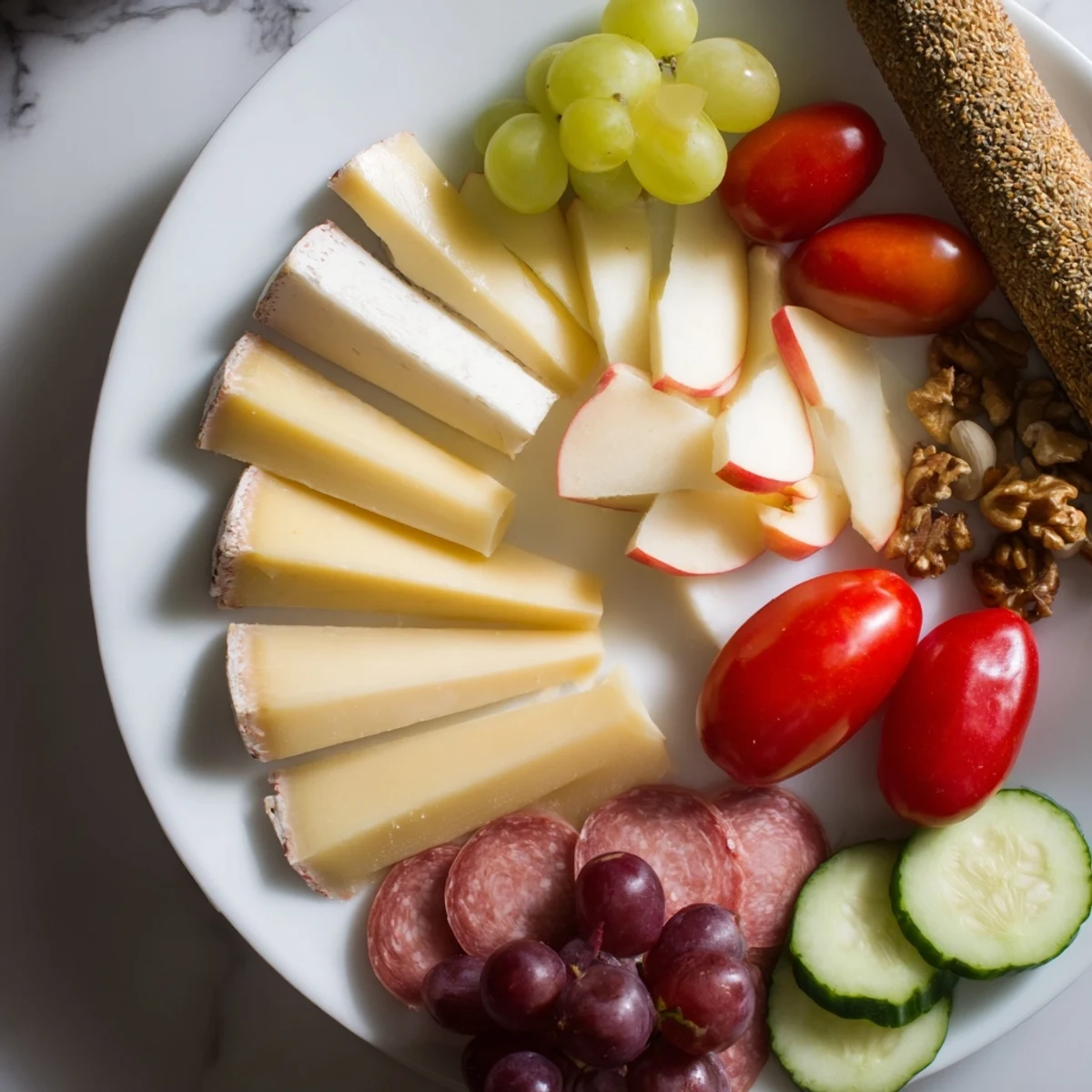 A delectable Planche Montagne Aventure Collation with crisp baguette and a colorful array of tasty snacks.