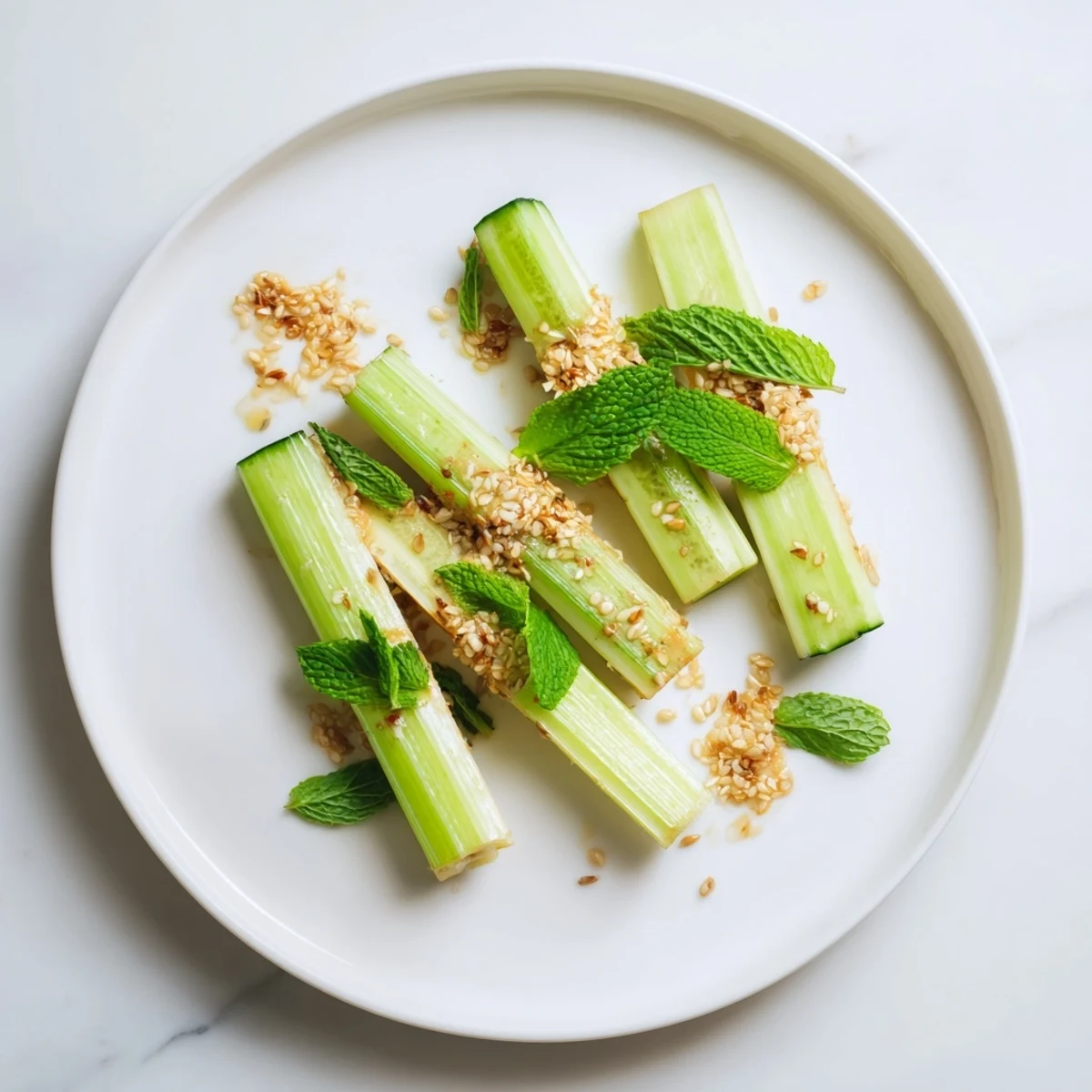Crisp celery and cucumbers artfully arranged to create a visually striking The Bamboo Zen appetizer.