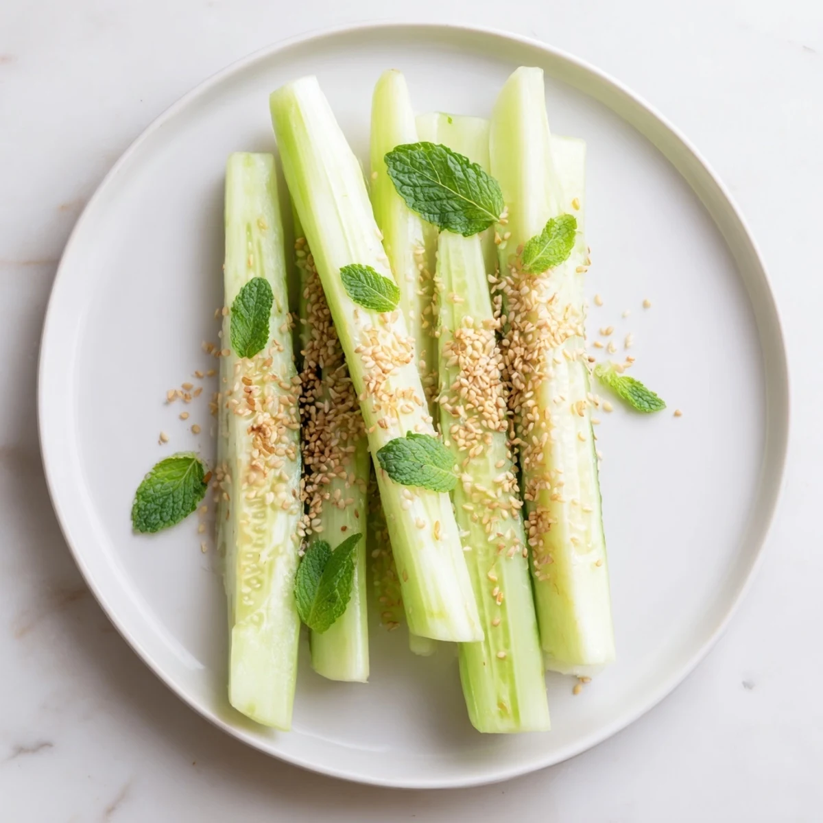Elegant The Bamboo Zen appetizer: cool, fresh cucumber and celery sticks laid out on a platter for serving.