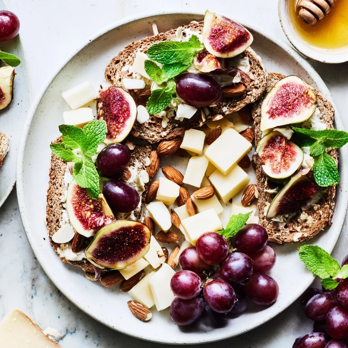 Enjoy the visually stunning Harvest Scythe: assorted breads and seasonal fruits arranged beautifully together.
