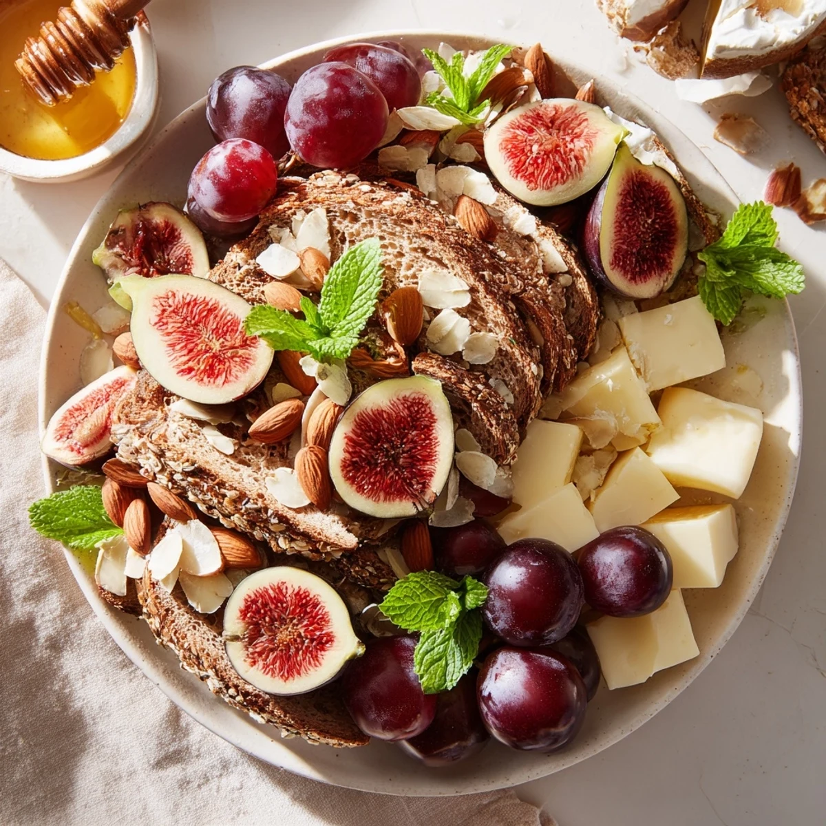 This Harvest Scythe platter shows a colorful assortment of breads and fruits, perfect for a gathering.