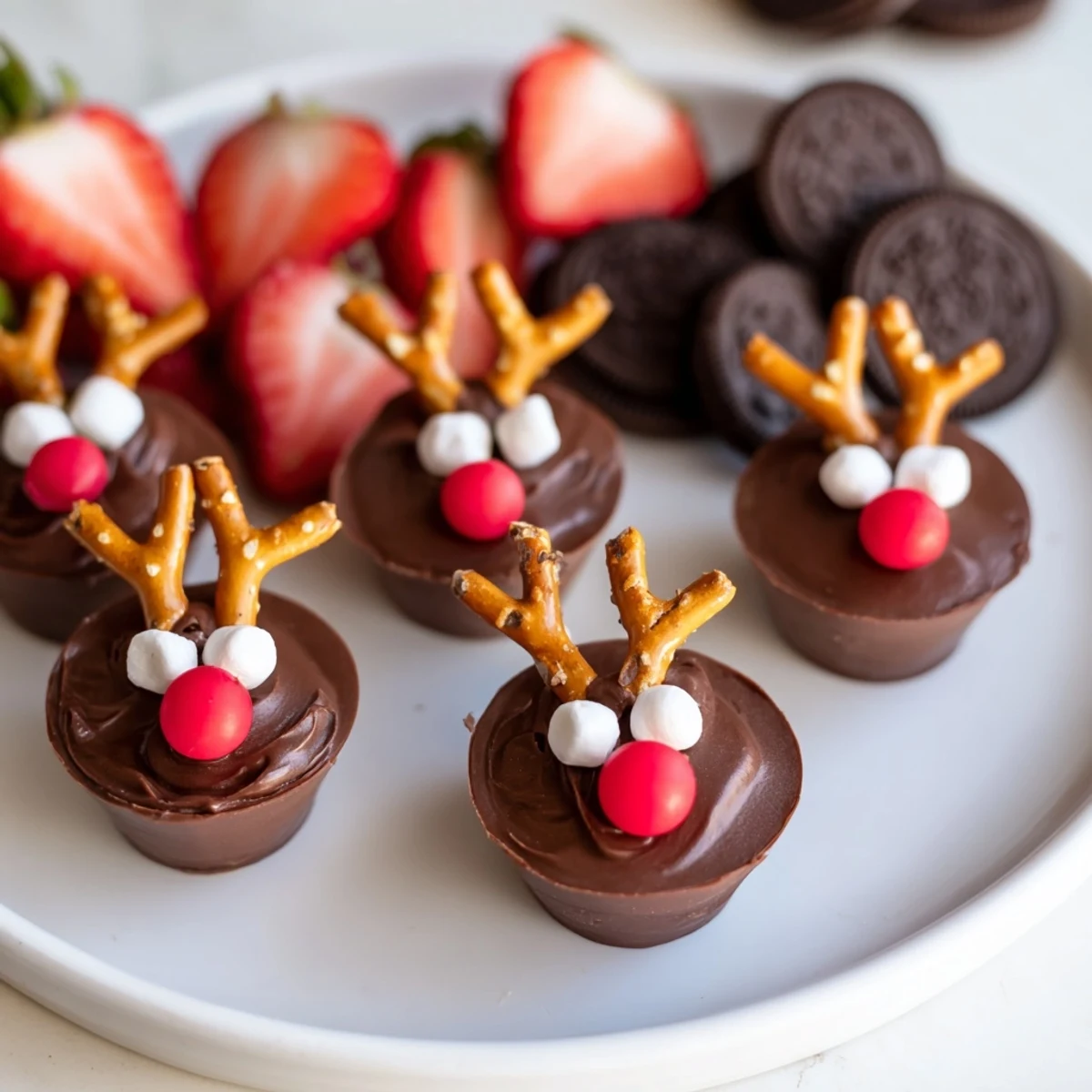 Chocolate reindeer pudding cups arranged on a festive board with cookies, berries, and candies for the holidays.
