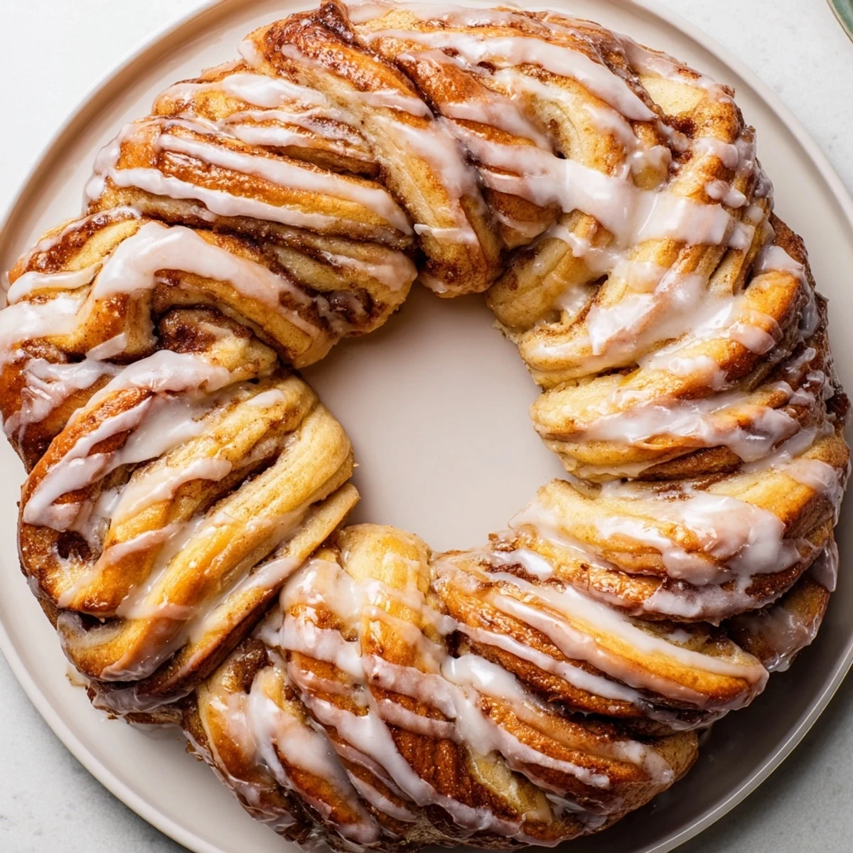 Golden-brown, fluffy Cinnamon Roll Pull-Apart Wreath, perfect for sharing at a festive brunch.